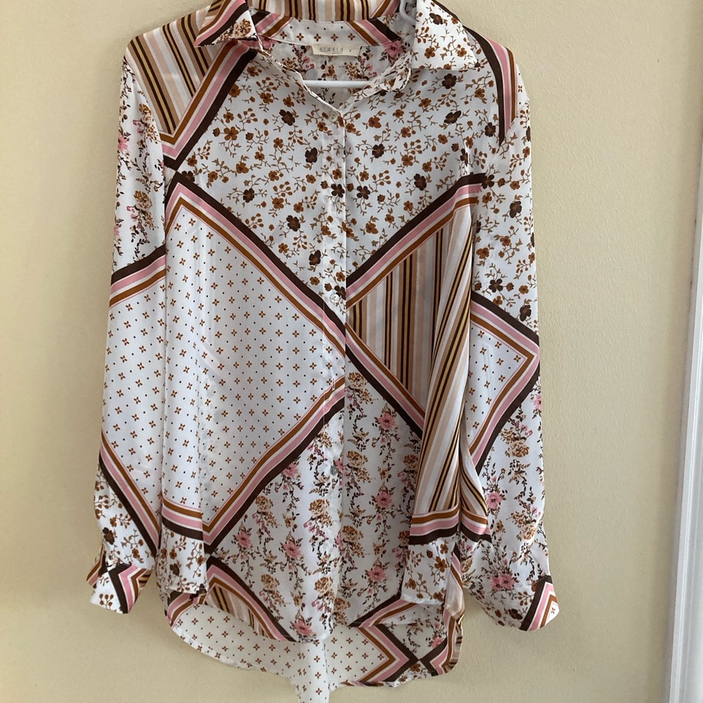 ILLA ILLA Geometric Floral Button Down Shirt - Brown and Pink